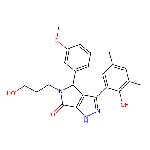 3-(2-hydroxy-3,5-dimethylphenyl)-5-(3-hydroxypropyl)-4-(3-methoxyphenyl)-4,5-dihydropyrrolo[3,4-c]pyrazol-6(2H)-one structure