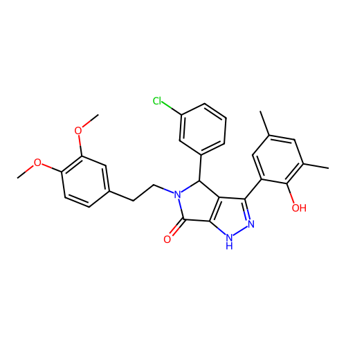 (3Z)-4-(3-chlorophenyl)-5-[2-(3,4-dimethoxyphenyl)ethyl]-3-(3,5-dimethyl-6-oxocyclohexa-2,4-dien-1-ylidene)-2,4-dihydro-1H-pyrrolo[3,4-c]pyrazol-6-one structure