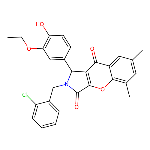 2-(2-chlorobenzyl)-1-(3-ethoxy-4-hydroxyphenyl)-5,7-dimethyl-1,2-dihydrochromeno[2,3-c]pyrrole-3,9-dione structure