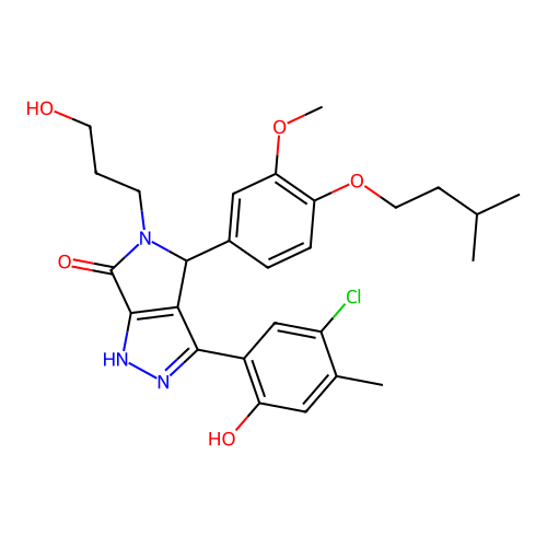 3-(5-chloro-2-hydroxy-4-methylphenyl)-5-(3-hydroxypropyl)-4-[3-methoxy-4-(3-methylbutoxy)phenyl]-4,5-dihydropyrrolo[3,4-c]pyrazol-6(2H)-one structure
