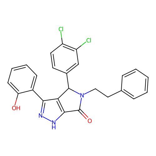 (3Z)-4-(3,4-dichlorophenyl)-3-(6-oxocyclohexa-2,4-dien-1-ylidene)-5-phenethyl-2,4-dihydro-1H-pyrrolo[3,4-c]pyrazol-6-one structure