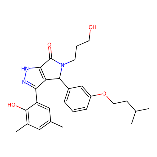 3-(2-hydroxy-3,5-dimethylphenyl)-5-(3-hydroxypropyl)-4-[3-(3-methylbutoxy)phenyl]-4,5-dihydropyrrolo[3,4-c]pyrazol-6(2H)-one structure