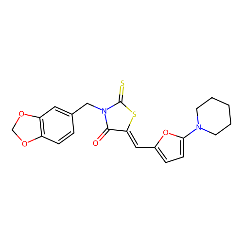 (5Z)-3-(1,3-benzodioxol-5-ylmethyl)-5-[(5-piperidin-1-ylfuran-2-yl)methylidene]-2-sulfanylidene-1,3-thiazolidin-4-one structure
