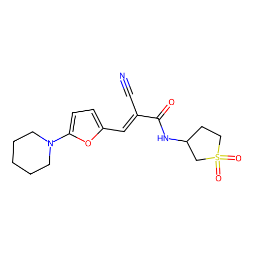 (E)-2-cyano-N-(1,1-dioxothiolan-3-yl)-3-(5-piperidin-1-ylfuran-2-yl)prop-2-enamide structure