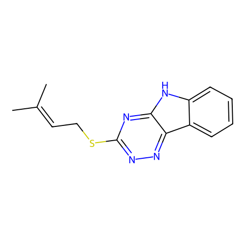 3-[(3-methylbut-2-en-1-yl)sulfanyl]-5H-[1,2,4]triazino[5,6-b]indole structure