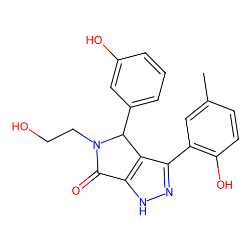 (3Z)-5-(2-hydroxyethyl)-4-(3-hydroxyphenyl)-3-(3-methyl-6-oxocyclohexa-2,4-dien-1-ylidene)-2,4-dihydro-1H-pyrrolo[3,4-c]pyrazol-6-one structure