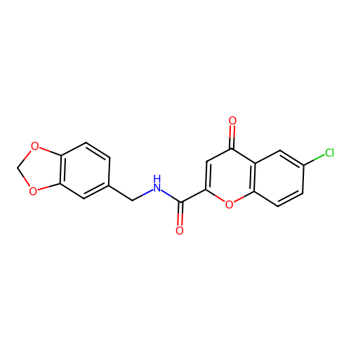 N-(1,3-benzodioxol-5-ylmethyl)-6-chloro-4-oxo-4H-chromene-2-carboxamide structure