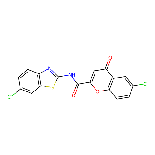 6-chloro-N-(6-chloro-1,3-benzothiazol-2-yl)-4-oxo-4H-chromene-2-carboxamide structure