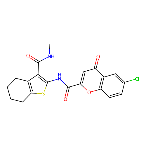 6-chloro-N-[3-(methylcarbamoyl)-4,5,6,7-tetrahydro-1-benzothiophen-2-yl]-4-oxo-4H-chromene-2-carboxamide structure