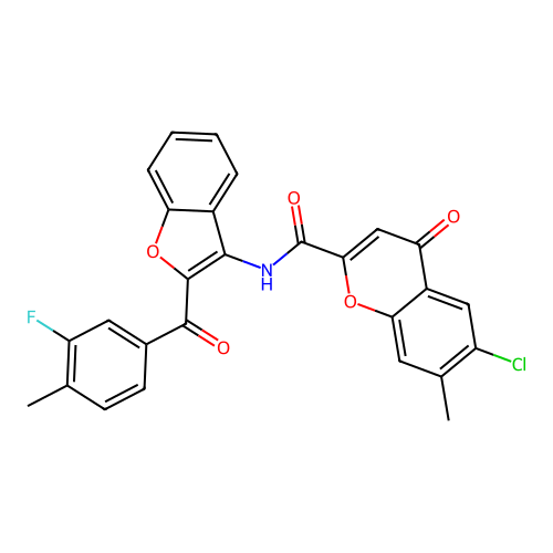 6-chloro-N-{2-[(3-fluoro-4-methylphenyl)carbonyl]-1-benzofuran-3-yl}-7-methyl-4-oxo-4H-chromene-2-carboxamide structure