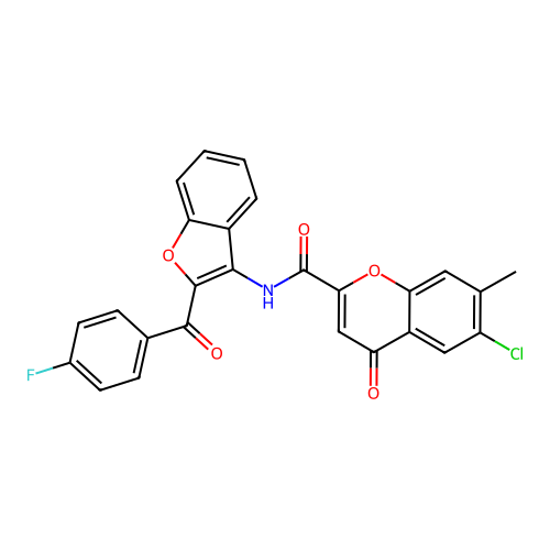6-chloro-N-{2-[(4-fluorophenyl)carbonyl]-1-benzofuran-3-yl}-7-methyl-4-oxo-4H-chromene-2-carboxamide structure