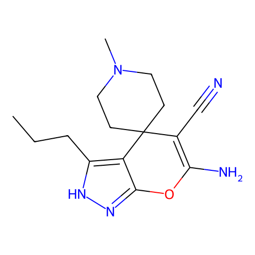 6-amino-1'-methyl-3-propylspiro[2H-pyrano[2,3-c]pyrazole-4,4'-piperidine]-5-carbonitrile structure