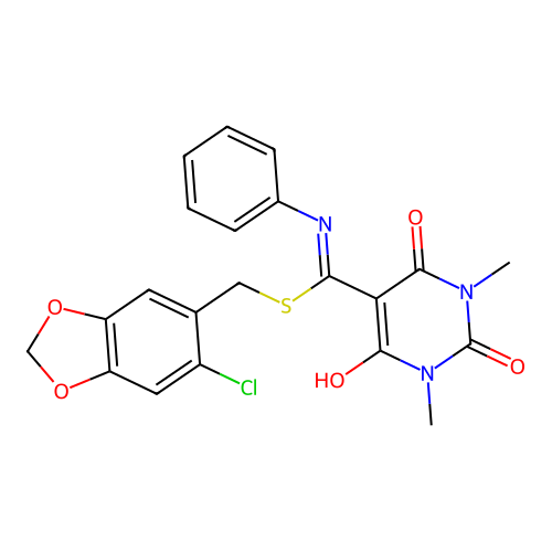 5-((((6-chlorobenzo[d][1,3]dioxol-5-yl)methyl)thio)(phenylamino)methylene)-1,3-dimethylpyrimidine-2,4,6(1H,3H,5H)-trione structure