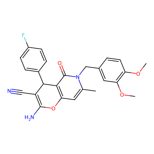2-amino-6-(3,4-dimethoxybenzyl)-4-(4-fluorophenyl)-7-methyl-5-oxo-5,6-dihydro-4H-pyrano[3,2-c]pyridine-3-carbonitrile structure