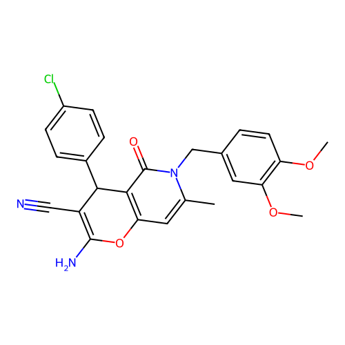 2-amino-4-(4-chlorophenyl)-6-(3,4-dimethoxybenzyl)-7-methyl-5-oxo-5,6-dihydro-4H-pyrano[3,2-c]pyridine-3-carbonitrile structure