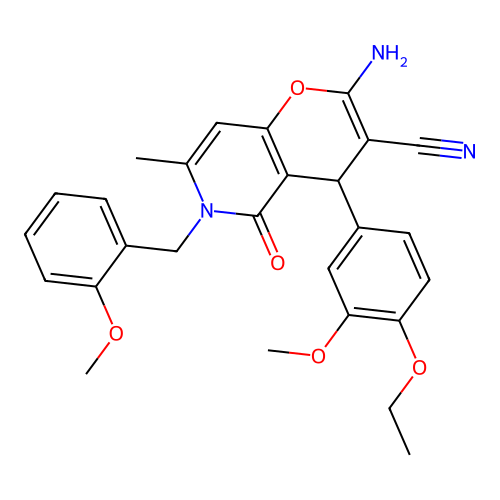 2-amino-4-(4-ethoxy-3-methoxyphenyl)-6-(2-methoxybenzyl)-7-methyl-5-oxo-5,6-dihydro-4H-pyrano[3,2-c]pyridine-3-carbonitrile structure