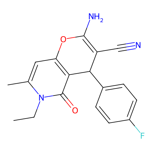 2-amino-6-ethyl-4-(4-fluorophenyl)-7-methyl-5-oxo-5,6-dihydro-4H-pyrano[3,2-c]pyridine-3-carbonitrile structure