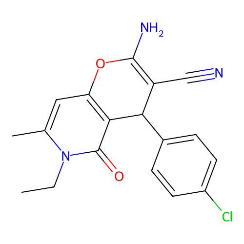 2-amino-4-(4-chlorophenyl)-6-ethyl-7-methyl-5-oxo-5,6-dihydro-4H-pyrano[3,2-c]pyridine-3-carbonitrile structure