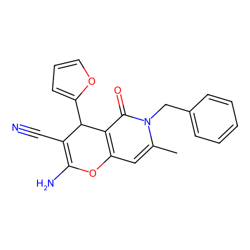 2-amino-6-benzyl-4-(furan-2-yl)-7-methyl-5-oxo-5,6-dihydro-4H-pyrano[3,2-c]pyridine-3-carbonitrile structure