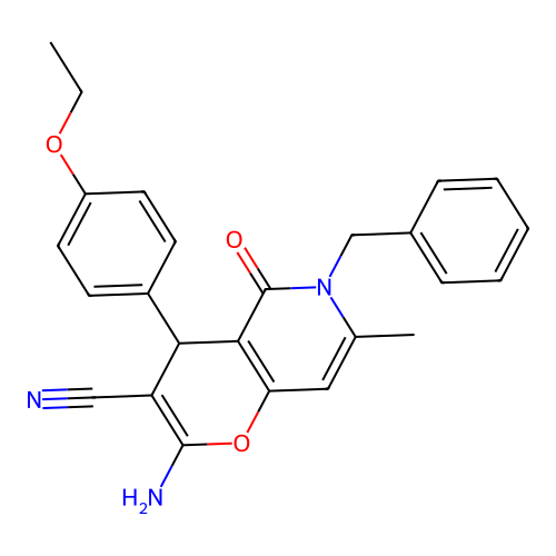 2-amino-6-benzyl-4-(4-ethoxyphenyl)-7-methyl-5-oxo-5,6-dihydro-4H-pyrano[3,2-c]pyridine-3-carbonitrile structure