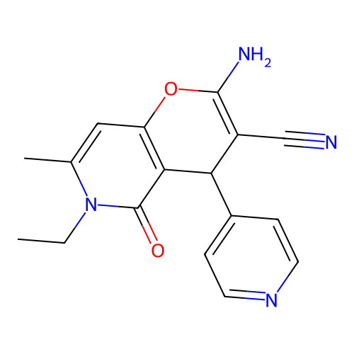 2-amino-6-ethyl-7-methyl-5-oxo-4-(pyridin-4-yl)-5,6-dihydro-4H-pyrano[3,2-c]pyridine-3-carbonitrile structure