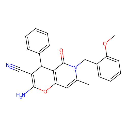 2-amino-6-(2-methoxybenzyl)-7-methyl-5-oxo-4-phenyl-5,6-dihydro-4H-pyrano[3,2-c]pyridine-3-carbonitrile structure