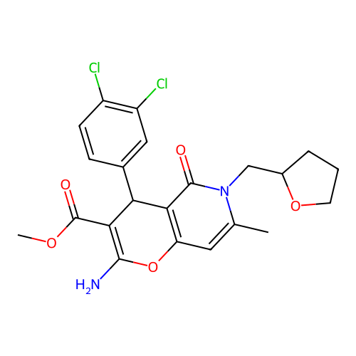 methyl 2-amino-4-(3,4-dichlorophenyl)-7-methyl-5-oxo-6-((tetrahydrofuran-2-yl)methyl)-5,6-dihydro-4H-pyrano[3,2-c]pyridine-3-carboxylate structure