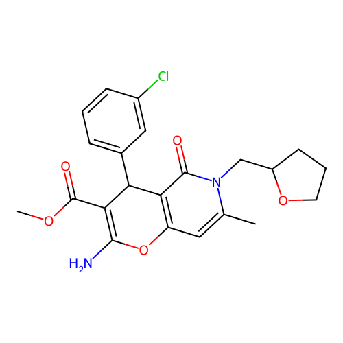 methyl 2-amino-4-(3-chlorophenyl)-7-methyl-5-oxo-6-(tetrahydrofuran-2-ylmethyl)-5,6-dihydro-4H-pyrano[3,2-c]pyridine-3-carboxylate structure