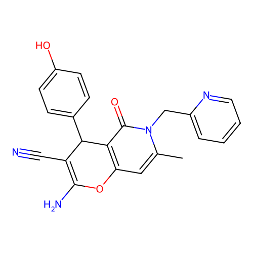 2-amino-4-(4-hydroxyphenyl)-7-methyl-5-oxo-6-(pyridin-2-ylmethyl)-5,6-dihydro-4H-pyrano[3,2-c]pyridine-3-carbonitrile structure