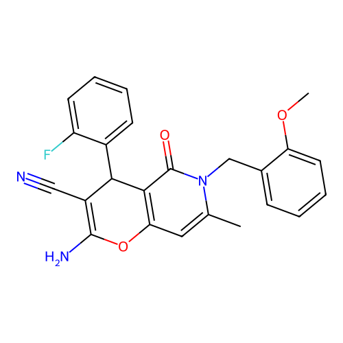 2-amino-4-(2-fluorophenyl)-6-(2-methoxybenzyl)-7-methyl-5-oxo-5,6-dihydro-4H-pyrano[3,2-c]pyridine-3-carbonitrile structure
