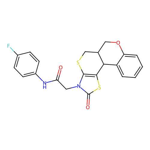 N-(4-fluorophenyl)-2-(10-oxo(7H,11bH,6aH-1,3-thiazolino[5',4'-6,5]thiino[3,4-c]chroman-9-yl))acetamide structure