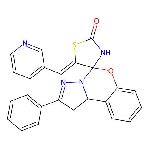 14-phenyl-5-(3-pyridylmethylene)spiro[1,3-thiazolidine-4,6'-10aH-benzo[e]2-pyr azolino[1,5-c]1,3-oxazine]-2-one structure