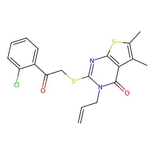 2-{[2-(2-chlorophenyl)-2-oxoethyl]sulfanyl}-5,6-dimethyl-3-(prop-2-en-1-yl)-3H,4H-thieno[2,3-d]pyrimidin-4-one structure