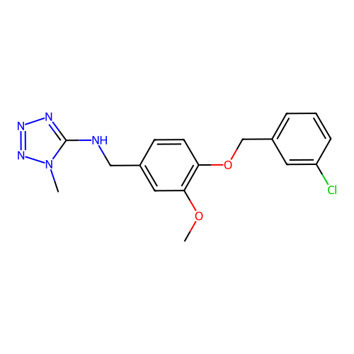 N-[[4-[(3-chlorophenyl)methoxy]-3-methoxyphenyl]methyl]-1-methyltetrazol-5-amine structure