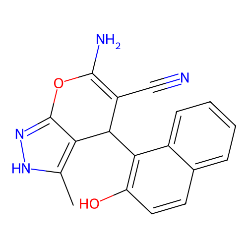 6-amino-4-(2-hydroxynaphthalen-1-yl)-3-methyl-1,4-dihydropyrano[2,3-c]pyrazole-5-carbonitrile structure
