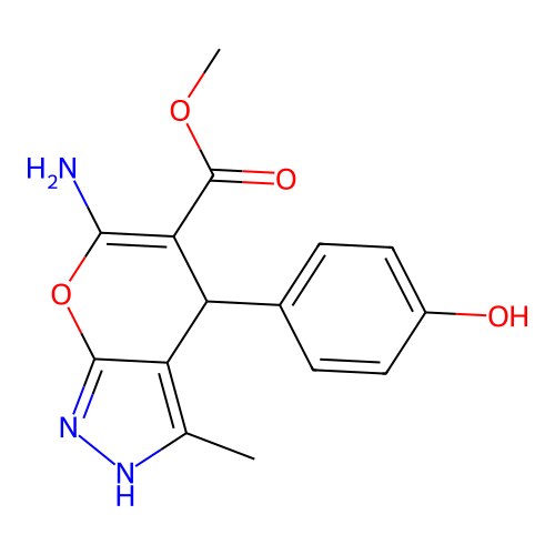 methyl 6-amino-4-(4-hydroxyphenyl)-3-methyl-1,4-dihydropyrano[2,3-c]pyrazole-5-carboxylate structure