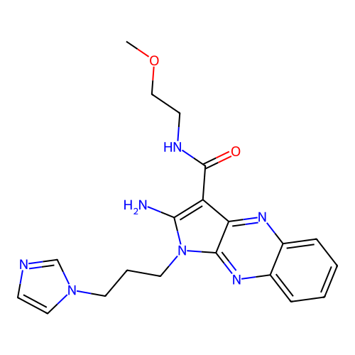2-amino-1-[3-(1H-imidazol-1-yl)propyl]-N-(2-methoxyethyl)-1H-pyrrolo[2,3-b]quinoxaline-3-carboxamide structure