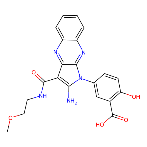 5-[2-amino-3-(2-methoxyethylcarbamoyl)pyrrolo[3,2-b]quinoxalin-1-yl]-2-hydroxybenzoic acid structure
