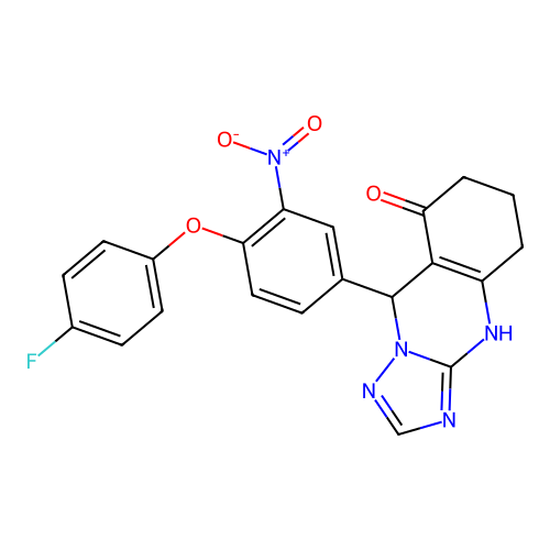 9-(4-(4-fluorophenoxy)-3-nitrophenyl)-5,6,7,9-tetrahydro-[1,2,4]triazolo[5,1-b]quinazolin-8(4H)-one structure