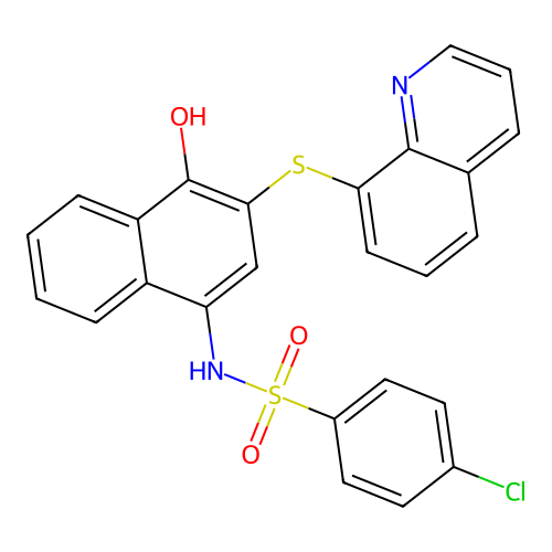 4-chloro-N-[4-hydroxy-3-(8-quinolinylthio)-1-naphthalenyl]benzenesulfonamide structure
