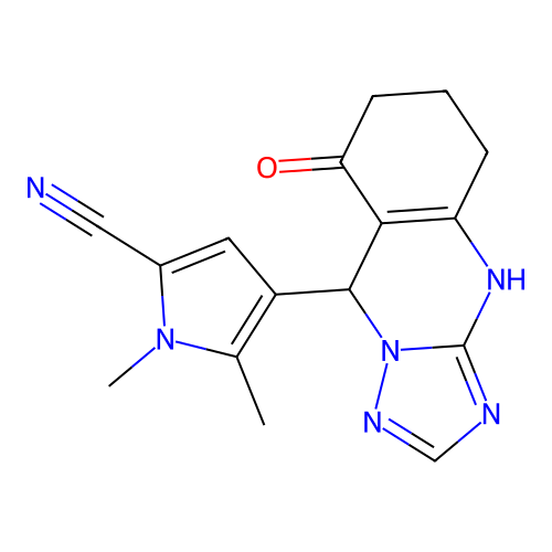 1,5-dimethyl-4-(8-oxo-4,5,6,7,8,9-hexahydro-[1,2,4]triazolo[5,1-b]quinazolin-9-yl)-1H-pyrrole-2-carbonitrile structure