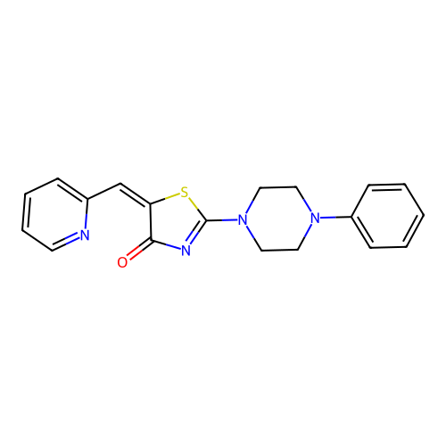 (E)-2-(4-phenylpiperazin-1-yl)-5-(pyridin-2-ylmethylene)thiazol-4(5H)-one structure