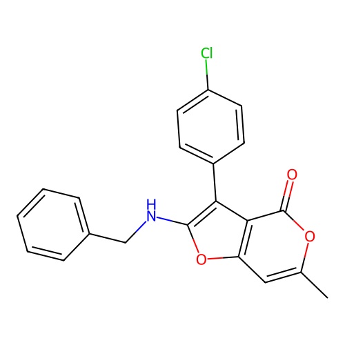 2-(benzylamino)-3-(4-chlorophenyl)-6-methyl-4H-furo[3,2-c]pyran-4-one structure