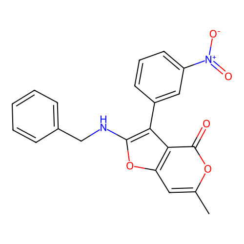 2-(benzylamino)-6-methyl-3-(3-nitrophenyl)-4H-furo[3,2-c]pyran-4-one structure