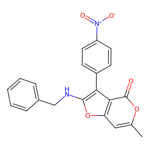 2-(benzylamino)-6-methyl-3-(4-nitrophenyl)-4H-furo[3,2-c]pyran-4-one structure