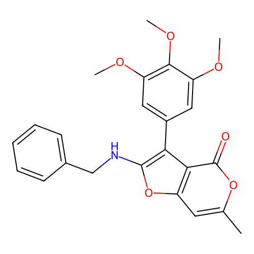 2-(benzylamino)-6-methyl-3-(3,4,5-trimethoxyphenyl)-4H-furo[3,2-c]pyran-4-one structure