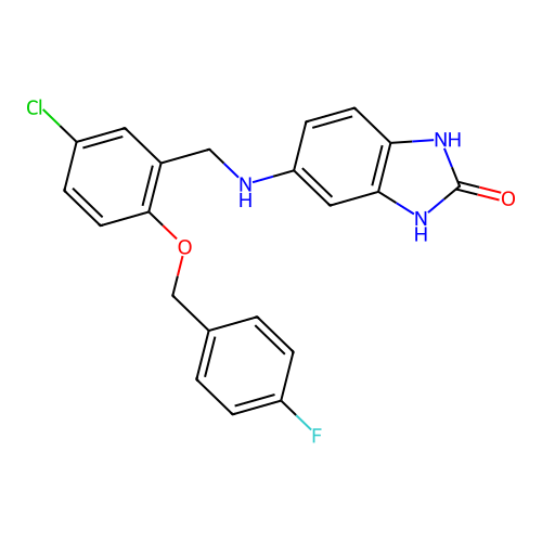 5-({5-chloro-2-[(4-fluorobenzyl)oxy]benzyl}amino)-1,3-dihydro-2H-benzimidazol-2-one structure