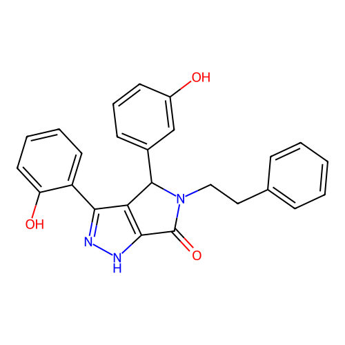(3Z)-4-(3-hydroxyphenyl)-3-(6-oxocyclohexa-2,4-dien-1-ylidene)-5-phenethyl-2,4-dihydro-1H-pyrrolo[3,4-c]pyrazol-6-one structure