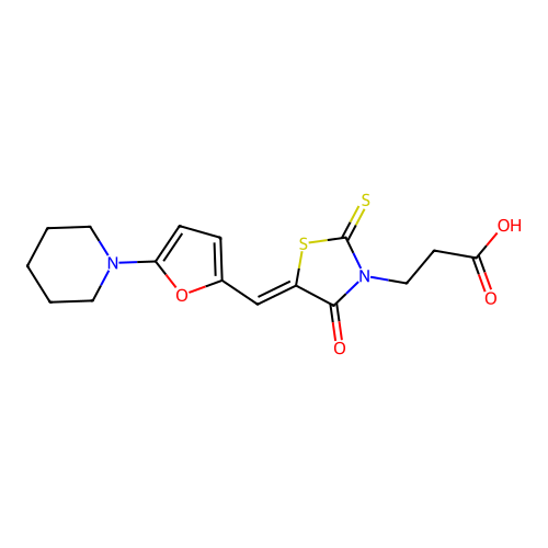 3-[(5Z)-4-oxo-5-{[5-(piperidin-1-yl)furan-2-yl]methylidene}-2-thioxo-1,3-thiazolidin-3-yl]propanoic acid structure