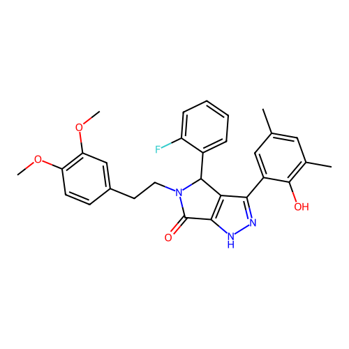 5-[2-(3,4-dimethoxyphenyl)ethyl]-4-(2-fluorophenyl)-3-(2-hydroxy-3,5-dimethylphenyl)-4,5-dihydropyrrolo[3,4-c]pyrazol-6(2H)-one structure